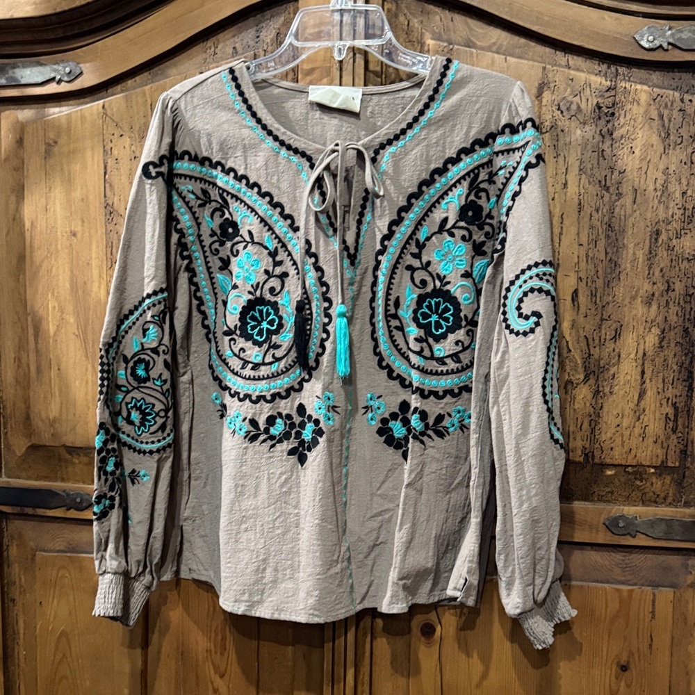 Savanna Jane Taupe Tunic with Teal and Black Embroidery